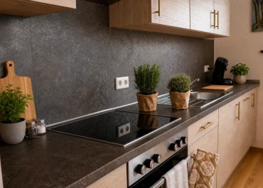 Moderne Küche mit dunkler Arbeitsplatte, Induktionskochfeld, Holzschränken und Kräutertöpfen