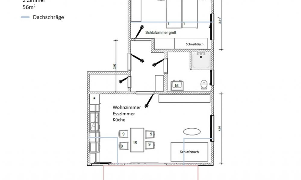 möblierter Raumplan Wohnung 5 Kammel