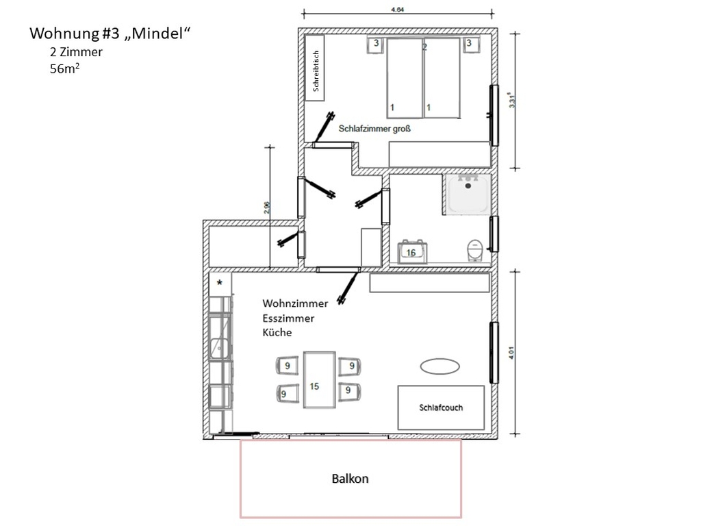 möblierter Raumplan Wohnung 3 Mindel