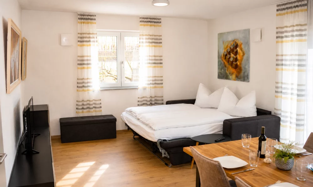 Wohnesszimmer & Küche - Sofaidyll ausgeklappt (Schlafplatz für 2 Personen)