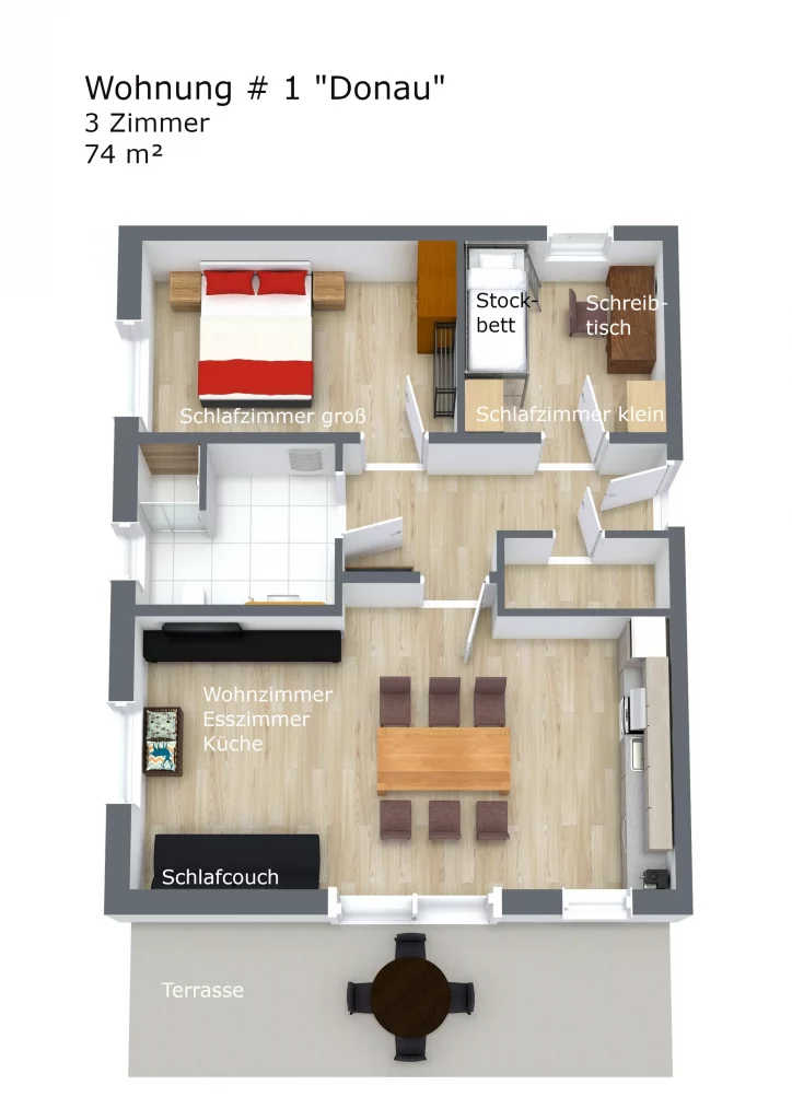 möblierter Raumplan Wohnung Wohnung1 Donau