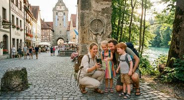 Eine Familie mit zwei Kindern schaut lächelnd auf ein Smartphone in einer historischen Altstadt mit Fachwerkhäusern